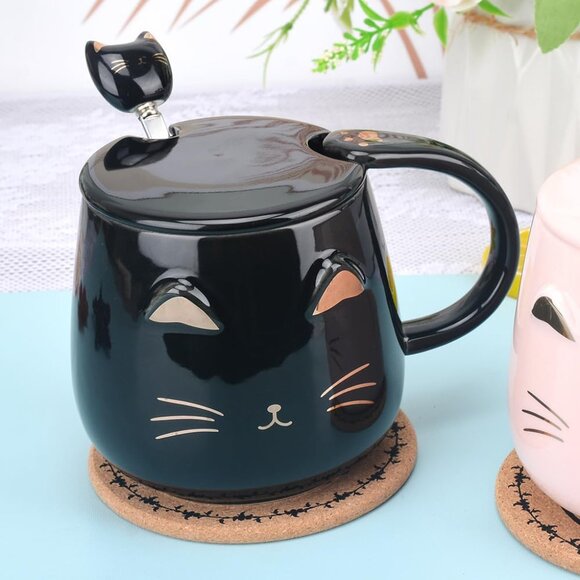 Pink Ceramic Coffee mug Cute Cat Handmade Tea Cups with Stainless Steel Spoon Ki - Picture 5 of 7